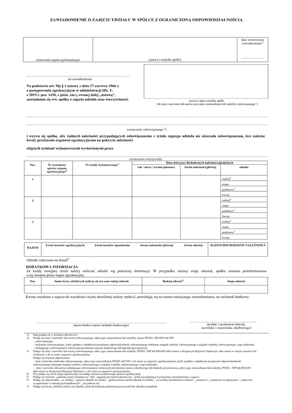 ZoZUwS (archiwalny) Zawiadomienie o zajęciu udziału w spółce z ograniczoną odpowiedzialnością