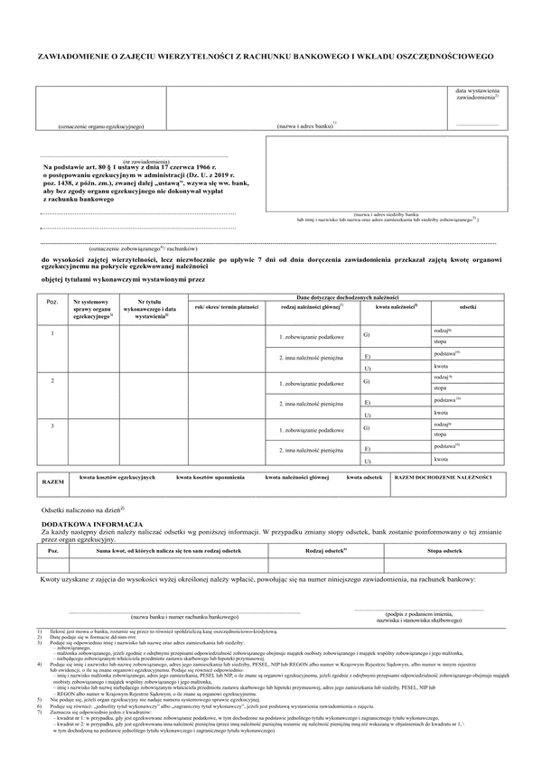 ZoZRB (archiwalny) Zawiadomienie o zajęciu wierzytelności z rachunku bankowego i wkładu oszczędnościowego