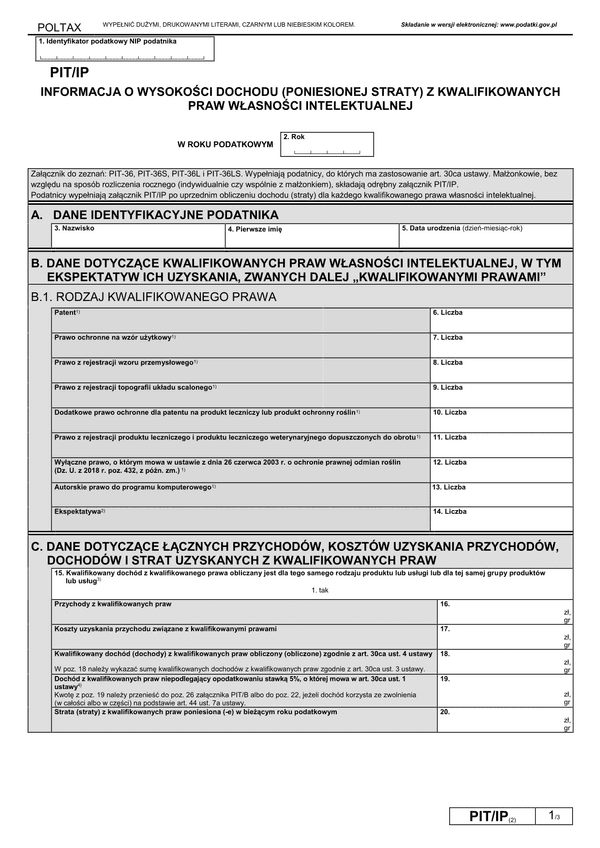PIT/IP (2) (archiwalny) (2020) Informacja o wysokości dochodu (poniesionej straty) z kwalifikowanych praw własności intelektualnej