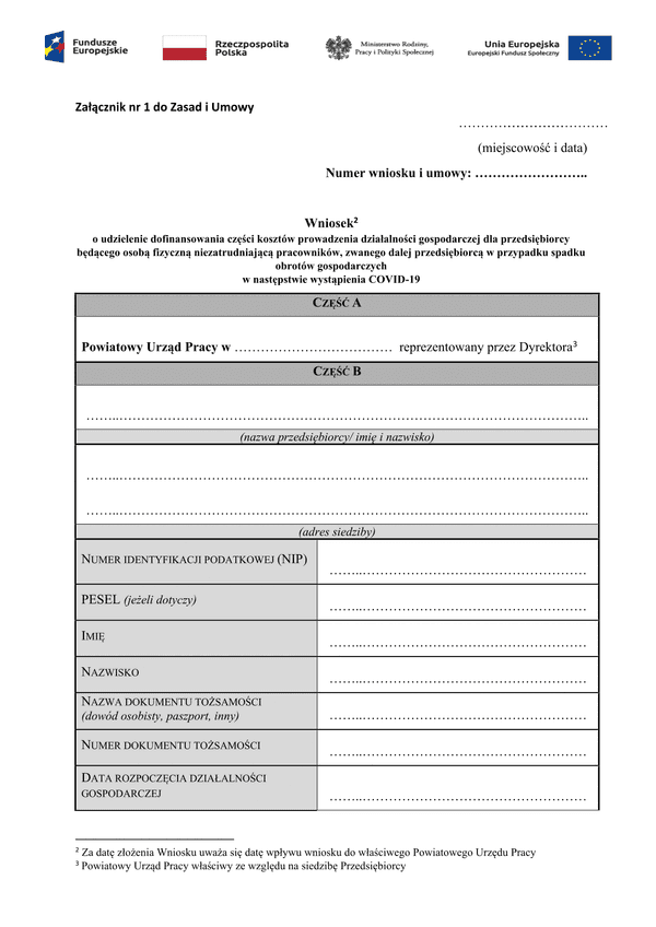 PSZ-DKDG  (archiwalny) Wniosek o udzielenie dofinansowania części kosztów prowadzenia działalności gospodarczej dla przedsiębiorcy będącego osobą fizyczną niezatrudniającą pracowników