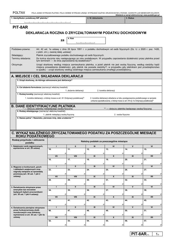 PIT-8AR (10) (archiwalny) (2020) Deklaracja roczna o zryczałtowanym podatku dochodowym
