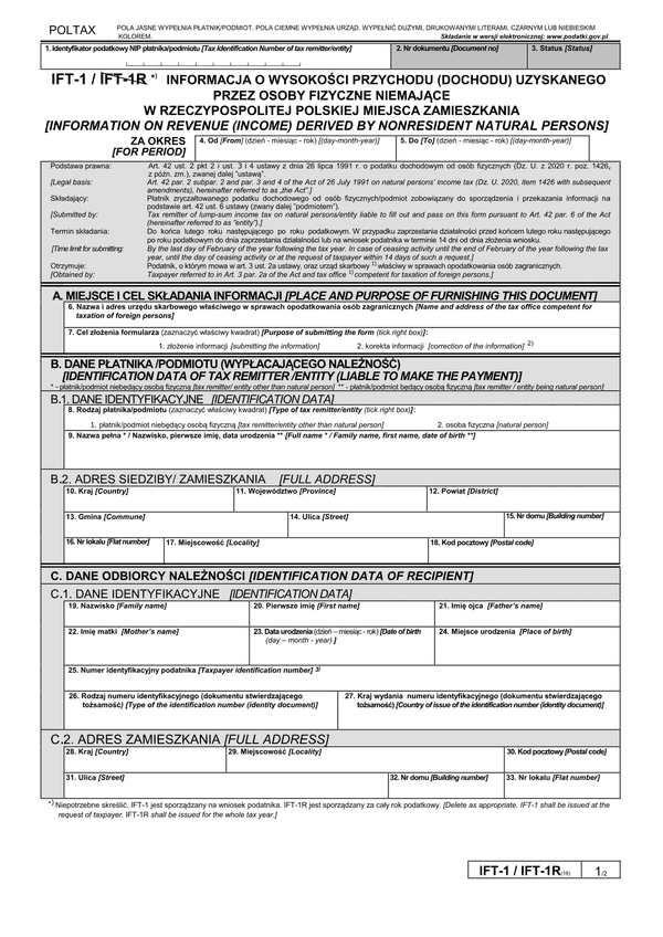 IFT-1 (16) (archiwalny) (2020-2024) Informacja o wysokości przychodu (dochodu) uzyskanego przez osoby fizyczne niemające w Polsce miejsca zamieszkania