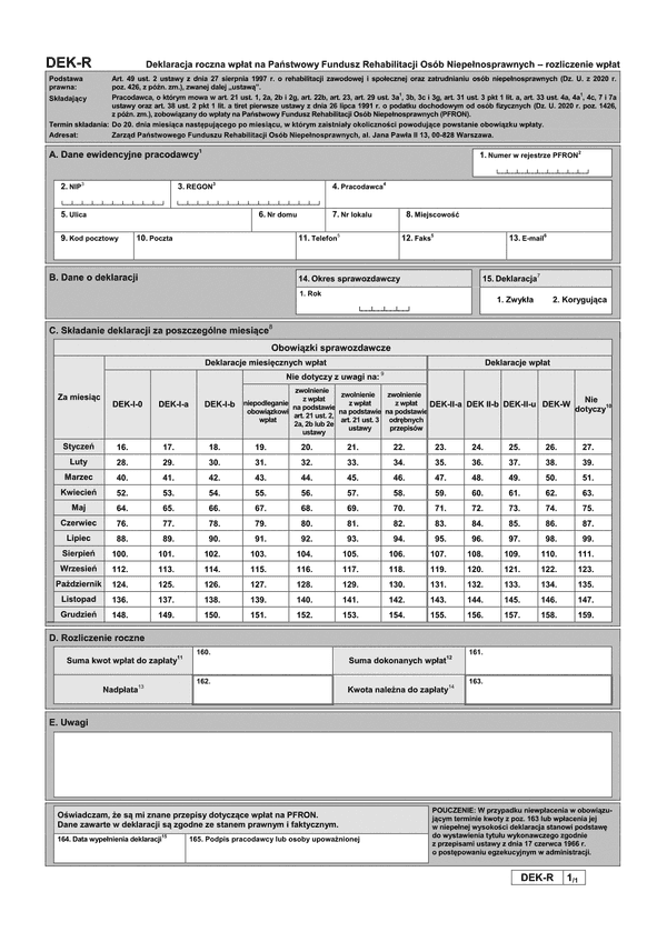 PFRON DEK-R (archiwalny) Deklaracja roczna wpłat na Państwowy Fundusz Rehabilitacji Osób Niepełnosprawnych - rozliczenie wpłat