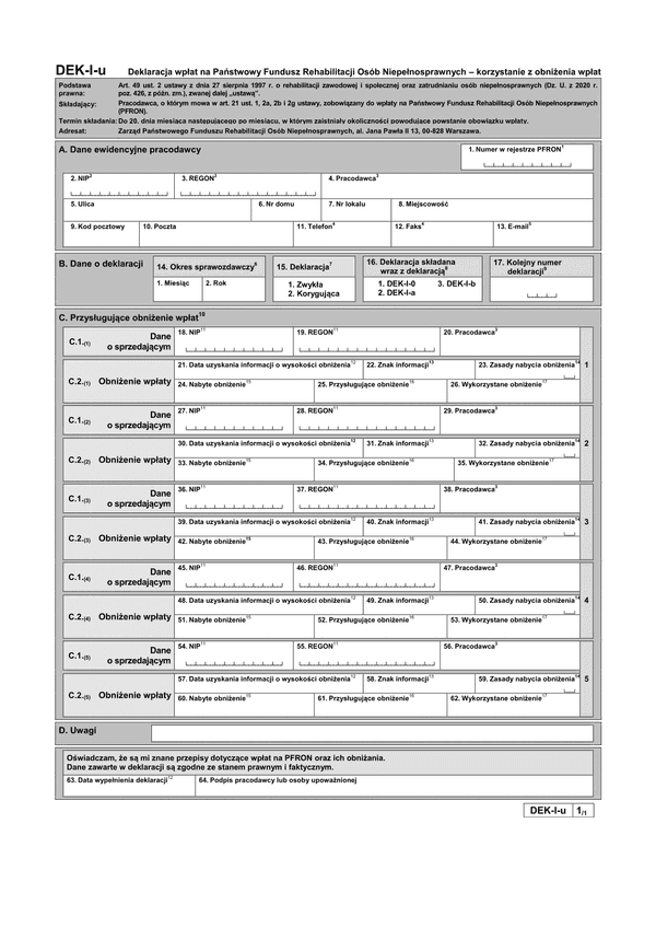 PFRON DEK-I-u (archiwalny) Deklaracja wpłat na Państwowy Fundusz Rehabilitacji Osób Niepełnosprawnych – korzystanie z obniżenia wpłat