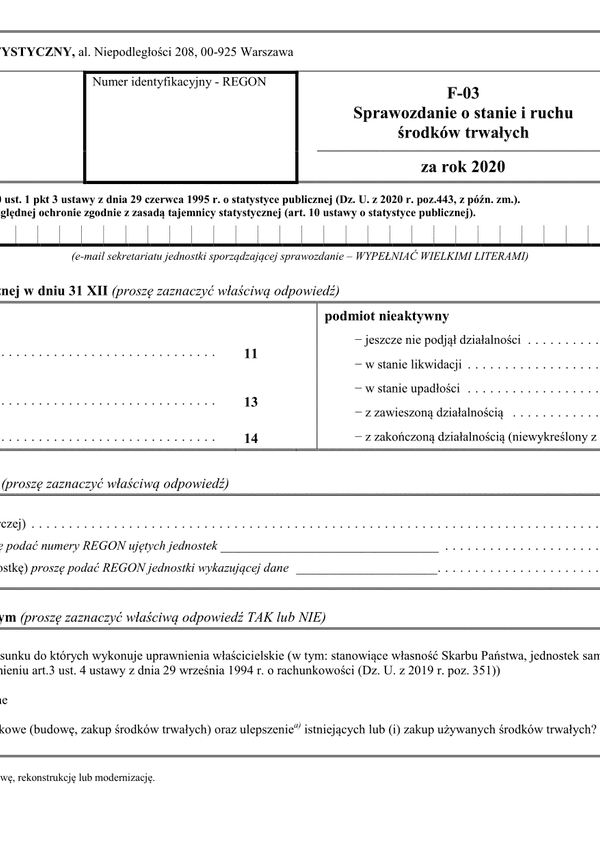 GUS F-03  (archiwalny) Sprawozdanie o stanie i ruchu środków trwałych za rok 2020