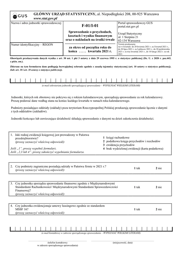 GUS F-01/I-01 (2021) (archiwalny) Sprawozdanie o przychodach, kosztach i wyniku finansowym oraz o nakładach na środki trwałe