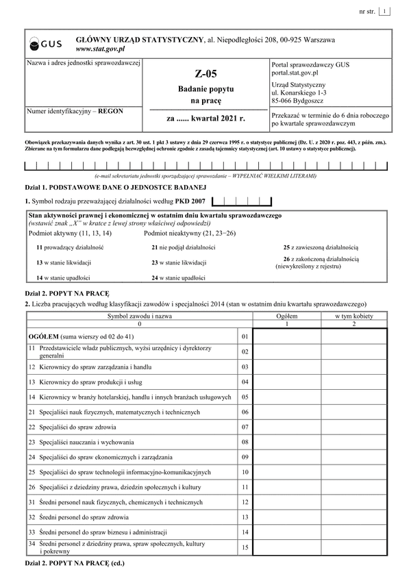 GUS Z-05 (2021) (archiwalny) Badanie popytu na pracę