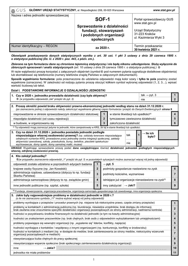 GUS SOF-1 (archiwalny) (2020) Sprawozdanie z działalności fundacji, stowarzyszeń i podobnych organizacji społecznych za rok 2020