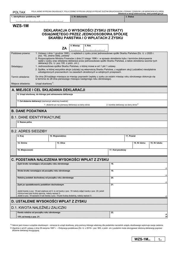 WZS-1M (4) Deklaracja o wysokości zysku (straty) osiągniętego przez jednoosobową spółkę skarbu państwa i o wpłatach z zysku