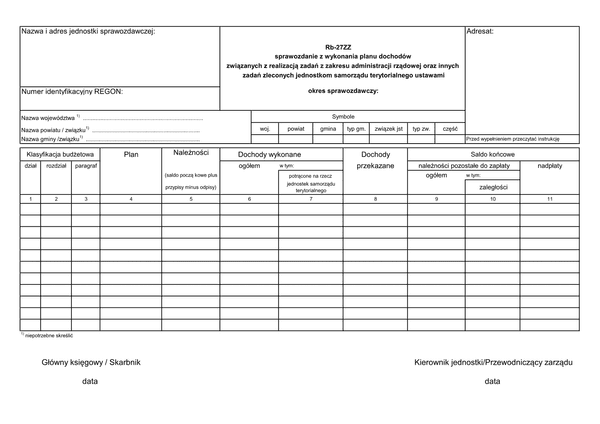 Rb-27ZZ Sprawozdanie z wykonania planu dochodów związanych z realizacją zadań z zakresu administracji rządowej oraz innych zadań zleconych jednostkom samorządu terytorialnego ustawami