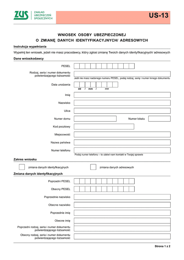 ZUS US-13 (archiwalny) Wniosek ubezpieczonego o zmianę danych identyfikacyjnych/adresowych