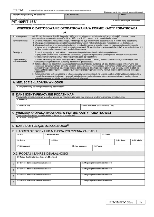 PIT-16/PIT-16S (15) (archiwalny) (2019-2021) Wniosek o zastosowanie opodatkowania w formie karty podatkowej