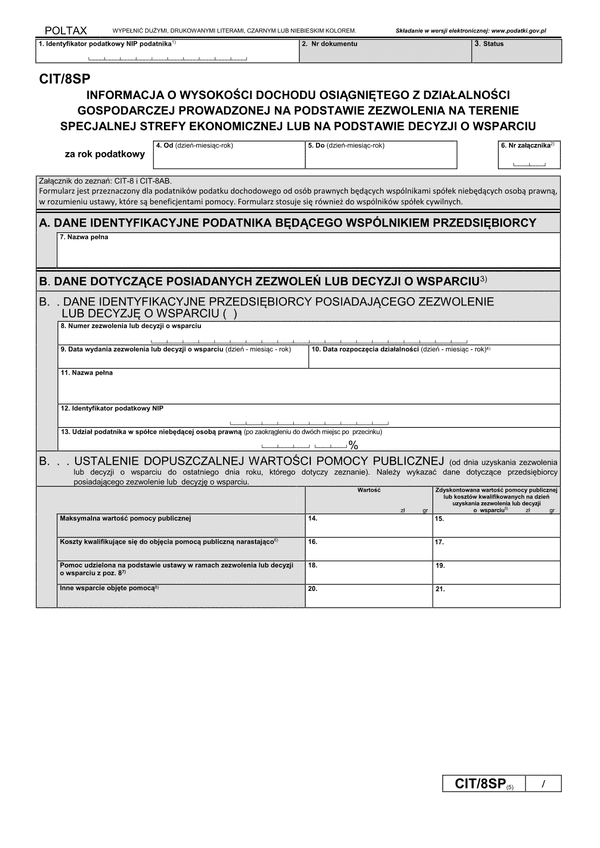 CIT/8SP (5) (archiwalny) Informacja o wysokości dochodu osiągniętego z działalności gospodarczej prowadzonej na terenie specjalnej strefy ekonomicznej na podstawie zezwolenia