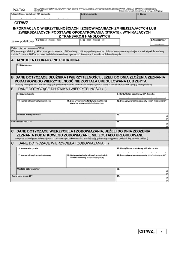 CIT/WZ (2) (archiwalny) Informacja o wierzytelnościach i zobowiązaniach zmniejszających lub zwiększających podstawę opodatkowania (stratę), wynikających z transakcji handlowych
