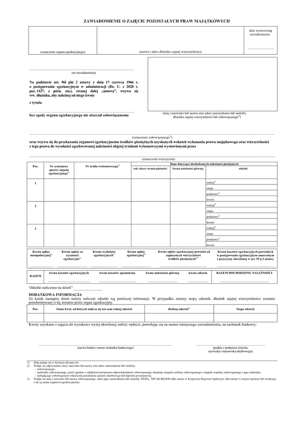 ZoZPPM (archiwalny) Zawiadomienie o zajęciu pozostałych praw majątkowych