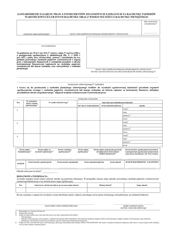 ZoZPIF (archiwalny) Zawiadomienie o zajęciu praw z instrumentów finansowych zapisanych na rachunku papierów wartościowych lub innym rachunku oraz z wierzytelności z rachunku pieniężnego