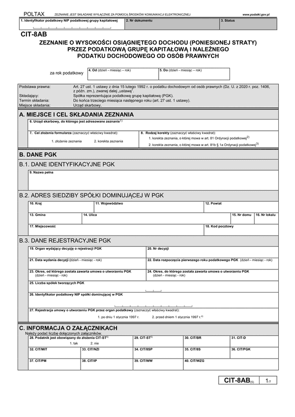 CIT-8AB (5) (archiwalny) Zeznanie o wysokości osiągniętego dochodu (poniesionej straty) przez podatkową grupę kapitałową - podatnika podatku dochodowego od osób prawnych