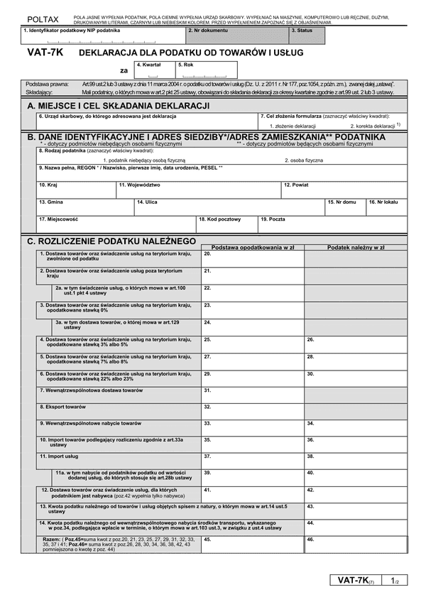 VAT-7K (7) (archiwalny) Deklaracja dla podatku od towarów i usług