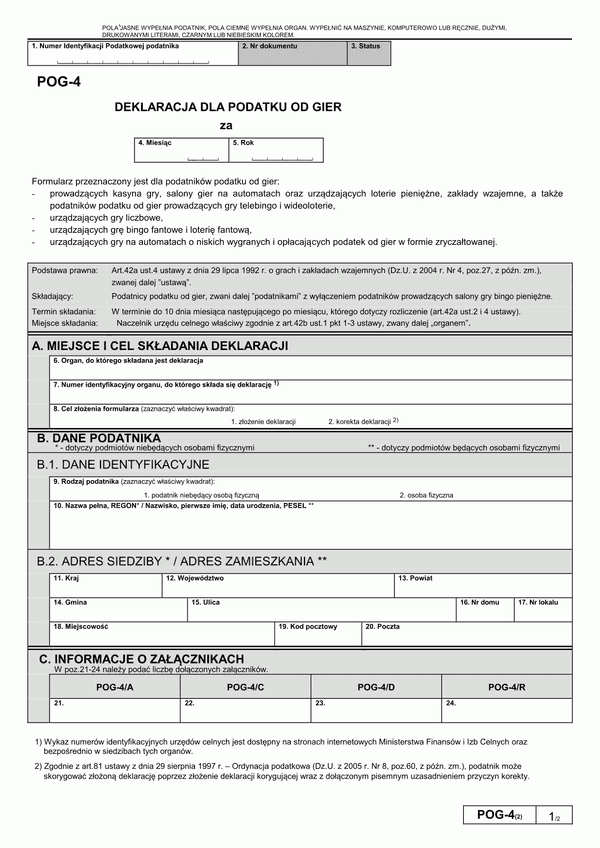 POG-4 (2) (archiwalny) Deklaracja dla podatku od gier