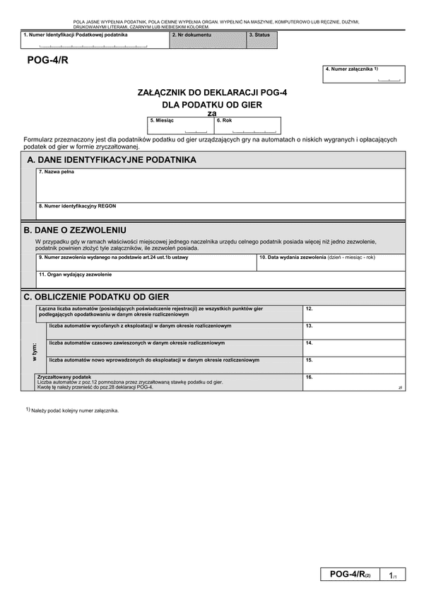POG-4/R (2) (archiwalny) Załącznik do deklaracji POG-4 dla podatku od gier