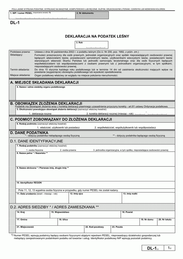 DL-1 (2) (archiwalny) Deklaracja na podatek leśny