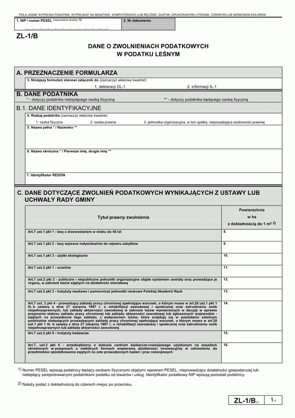 ZL-1/B (2) (archiwalny) Dane o zwolnieniach podatkowych w podatku leśnym
