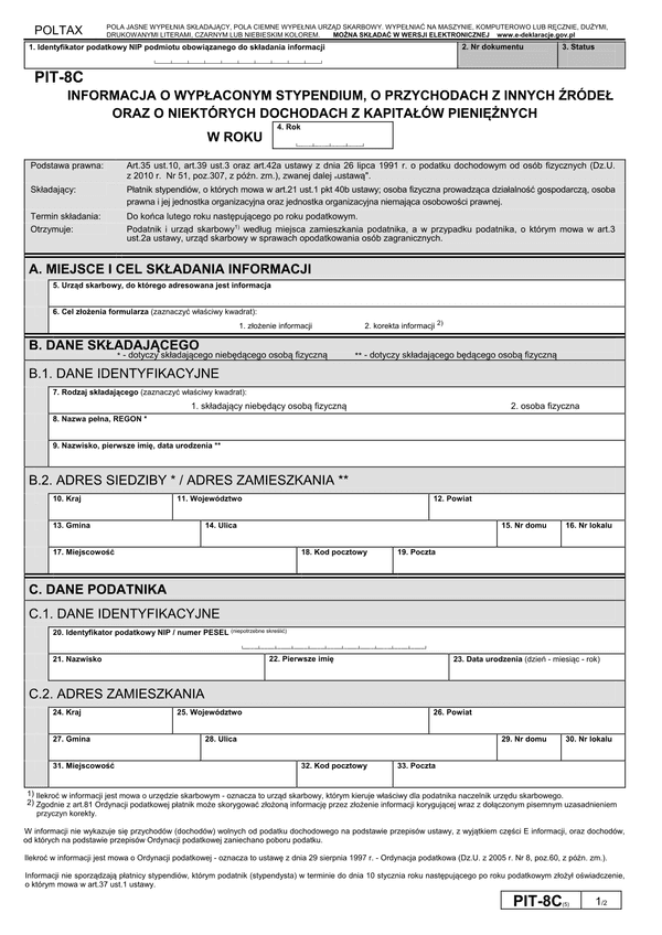 PIT-8C (5) (2011, 2012) (archiwalny) Informacja o wypłaconym stypendium, o przychodach z innych źródeł oraz o niektórych dochodach z kapitałów pieniężnych