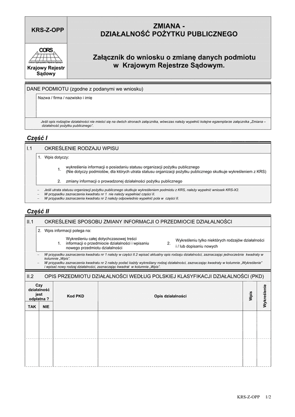 KRS-Z-OPP (archiwalny) Zmiana - działalność pożytku publicznego - załącznik do wniosku o zmianę danych podmiotu w Krajowym Rejestrze Sądowym