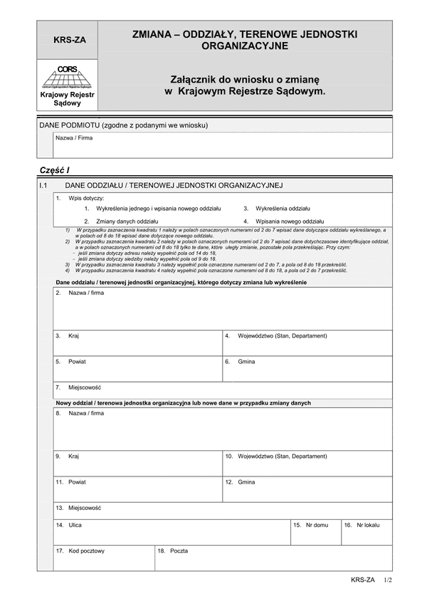 KRS-ZA (archiwalny) Zmiana - oddziały, terenowe jednostki organizacyjne - załącznik do wniosku o zmianę w Krajowym Rejestrze Sądowym