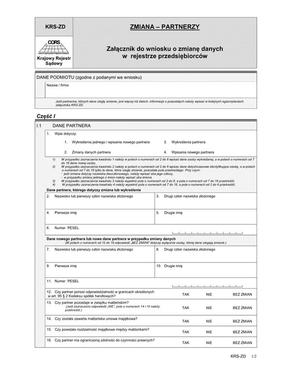 KRS-ZD Zmiana - partnerzy - załącznik do wniosku o zmianę danych w rejestrze przedsiębiorców