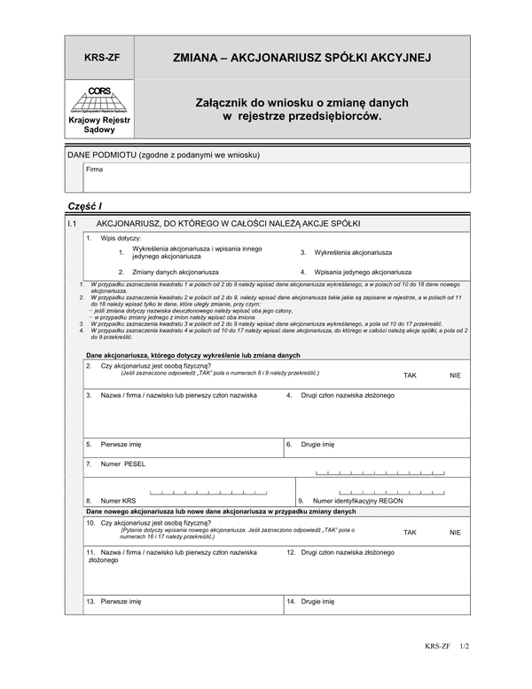 KRS-ZF Zmiana - akcjonariusz spółki akcyjnej - załącznik do wniosku o zmianę danych w rejestrze przedsiębiorców