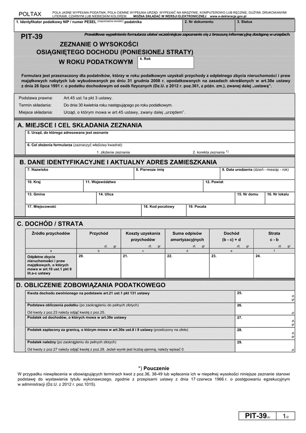 PIT-39 (4) (2012) (archiwalny)  Zeznanie o wysokości osiągniętego dochodu (poniesionej straty)