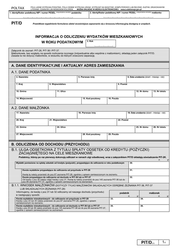 PIT/D (22) (2011, 2012) (archiwalny) Informacja o odliczeniu wydatków mieszkaniowych w roku podatkowym