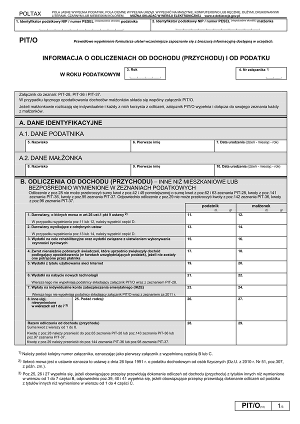 PIT/O (18) (2011, 2012) (archiwalny) Informacja o odliczeniach od dochodu (przychodu) i od podatku w roku podatkowym
