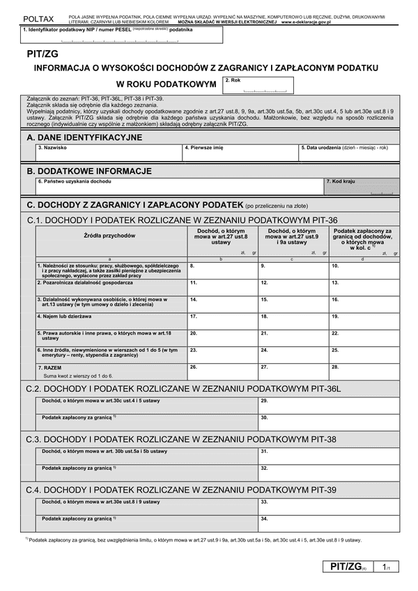 PIT/ZG (4) (2011, 2012) (archiwalny) Informacja o wysokości dochodów z zagranicy i zapłaconym podatku