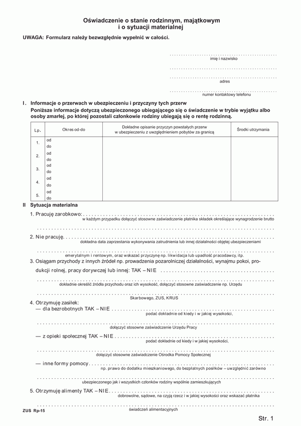 ZUS RP-15 (archiwalny) Oświadczenie o stanie rodzinnym, majątkowym i o sytuacji materialnej