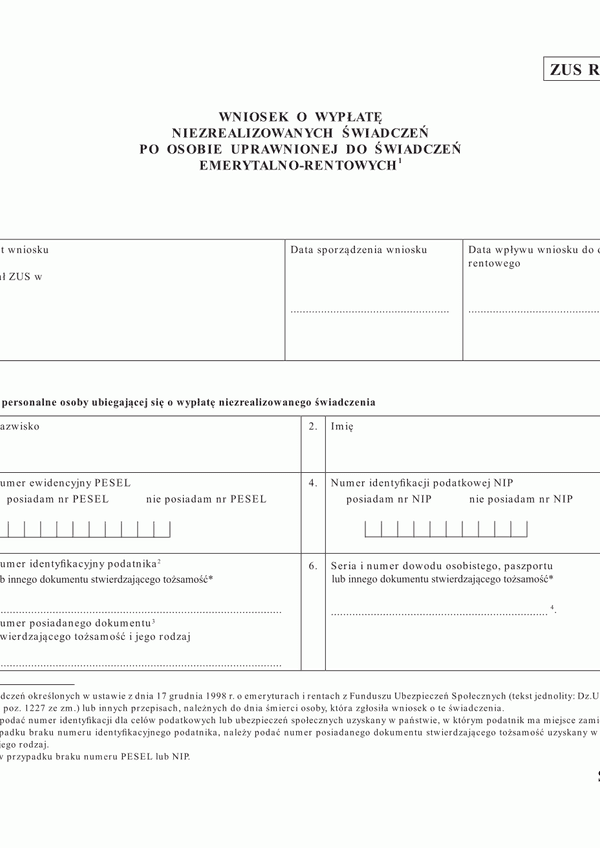ZUS RP-18 (archiwalny) Wniosek o wypłatę niezrealizowanych świadczeń po osobie uprawnionej do świadczeń emerytalno - rentowych