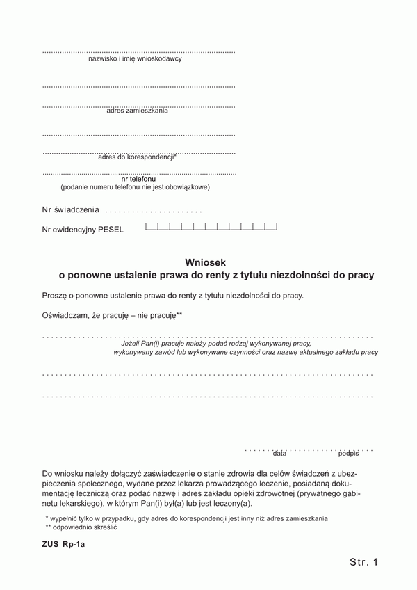 ZUS-RP-1A (archiwalny) Wniosek o ponowne ustalenie prawa do renty z tytułu niezdolności do pracy