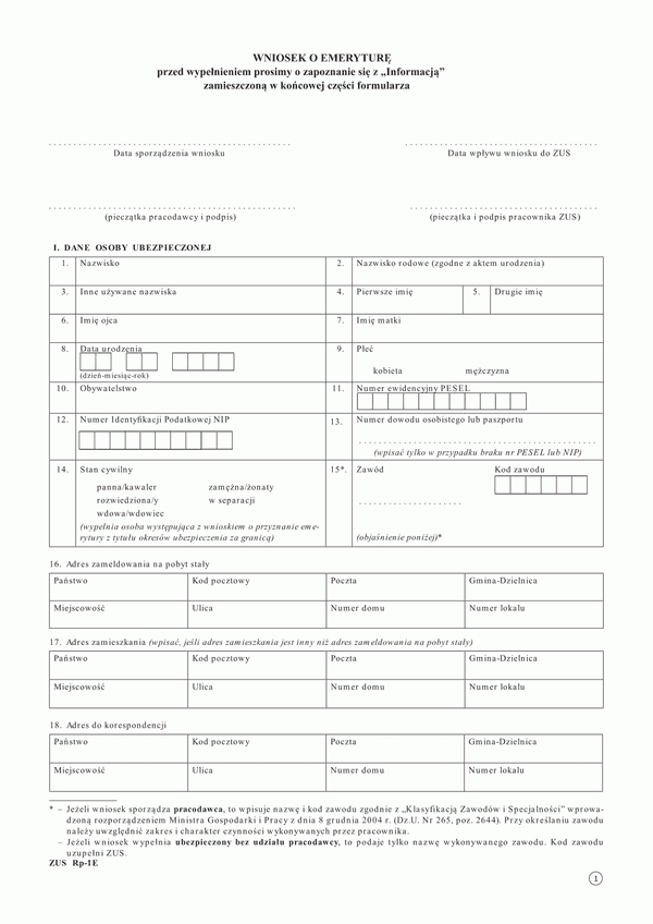 ZUS RP-1E (archiwalny) Wniosek o emeryturę