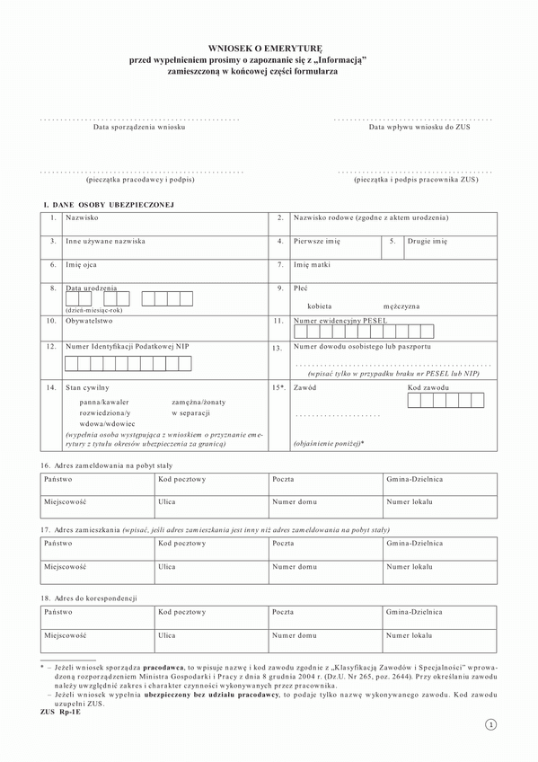 ZUS RP-1E (archiwalny) Wniosek o emeryturę