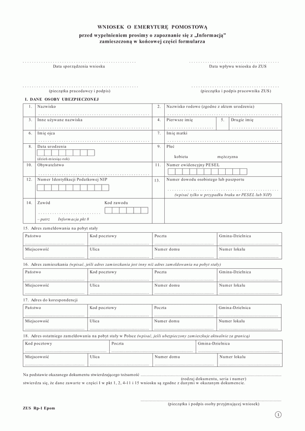 ZUS RP-1EPOM (archiwalny) Wniosek o emeryturę pomostową