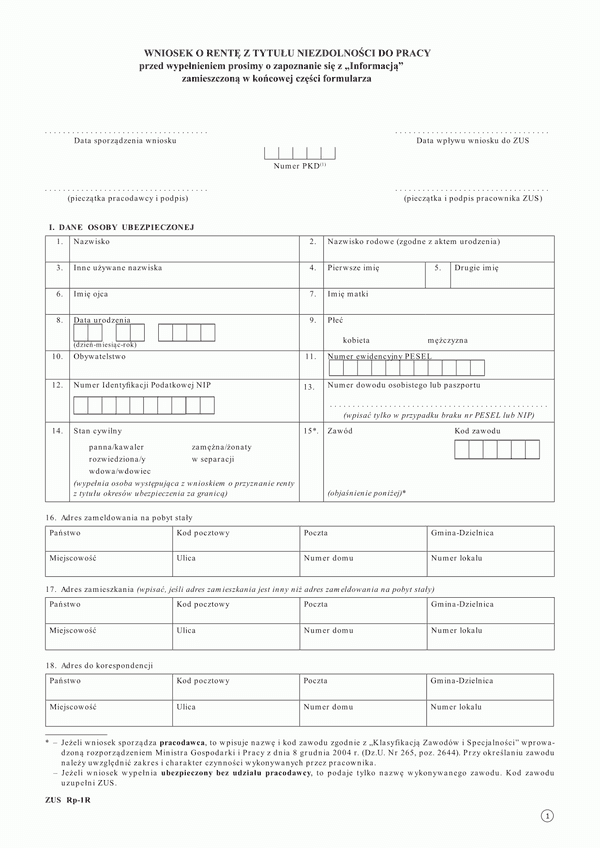 ZUS RP-1R (archiwalny) Wniosek o rentę z tytułu niezdolności do pracy