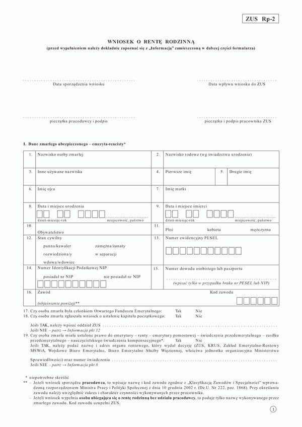 ZUS RP-2  (archiwalny) Wniosek o rentę rodzinną