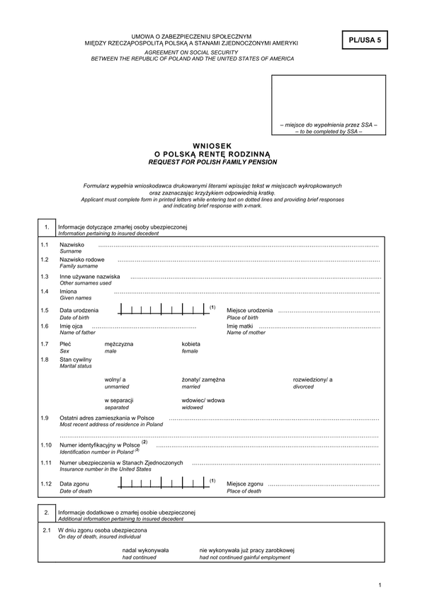 ZUS PL-USA 5 Wniosek o polską rentę rodzinną