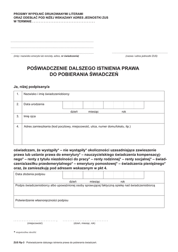 ZUS RP-3 Poświadczenie dalszego istnienia prawa do pobierania świadczeń