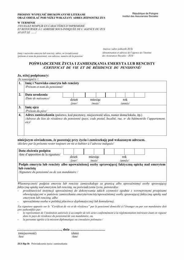 ZUS RP-3B (archiwalny) Poświadczenie życia i zamieszkania emeryta lub rencisty (w wersji polsko-francuskiej)