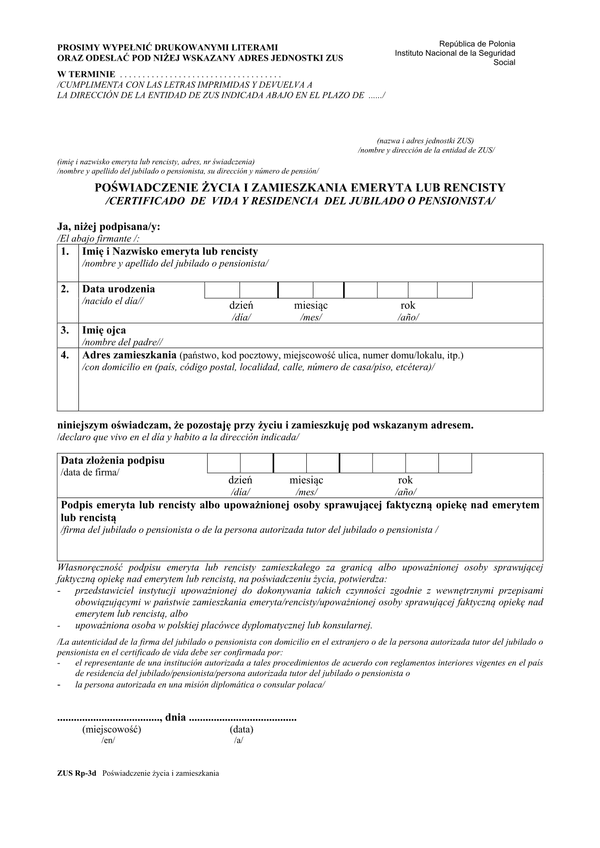ZUS RP-3D (archiwalny) Poświadczenie życia i zamieszkania emeryta lub rencisty (w wersji polsko-hiszpańskiej)
