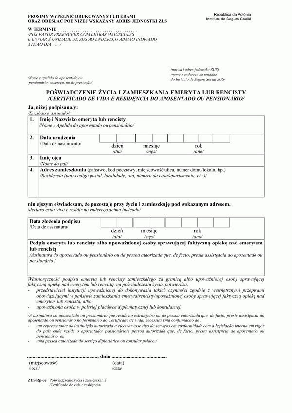 ZUS RP-3E (archiwalny) Poświadczenie życia i zamieszkania emeryta lub rencisty (w wersji polsko-portugalskiej)