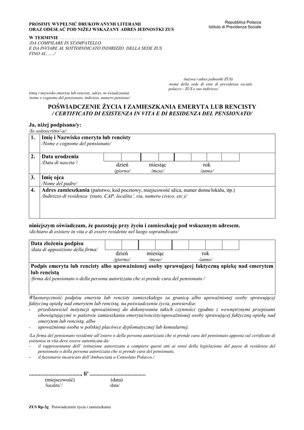 ZUS Rp-3G (archiwalny) Poświadczenie życia i zamieszkania emeryta lub rencisty (w wersji polsko-włoskiej)