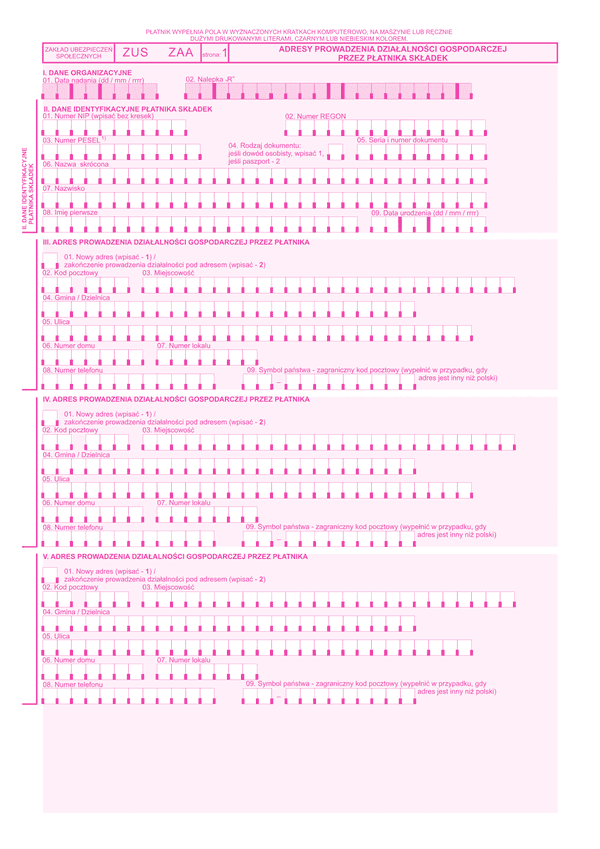 ZUS ZAA Adresy prowadzenia działalności gospodarczej - z wysyłką do PUE ZUS